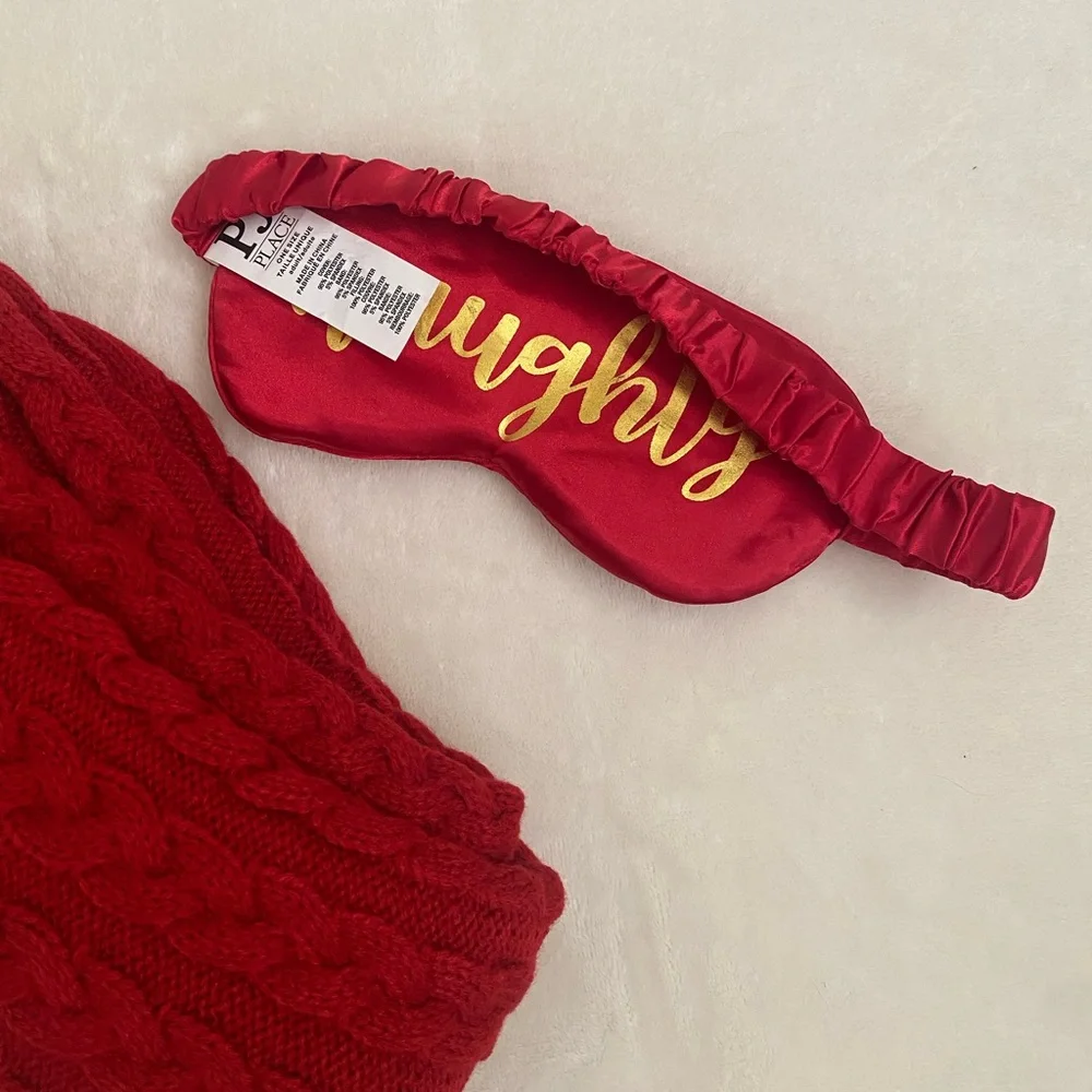 Red Knit Slipper Socks with Nice/Naughty Sleep Mask